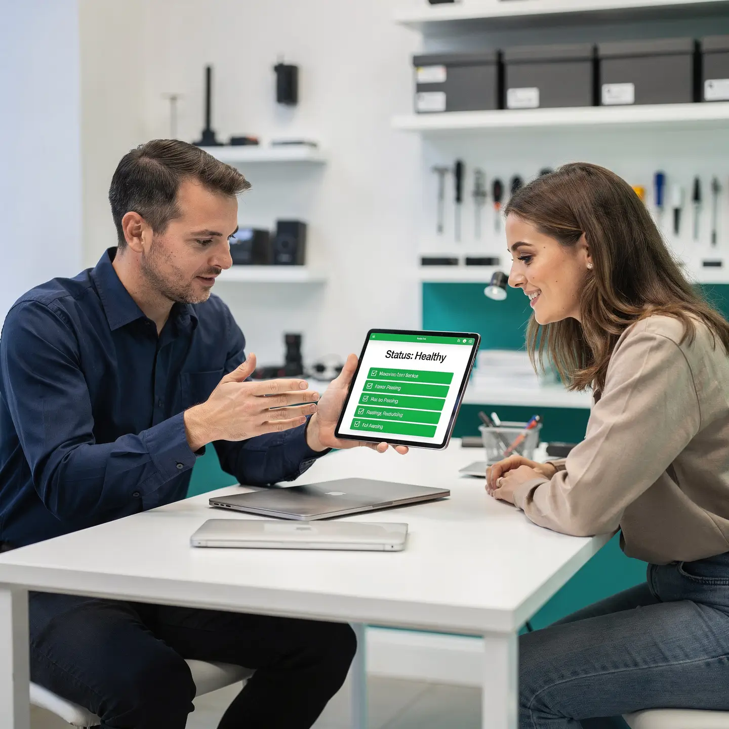 Client recevant le rapport de diagnostic gratuit de son Mac dans l'atelier Réparation MAC Bruxelles