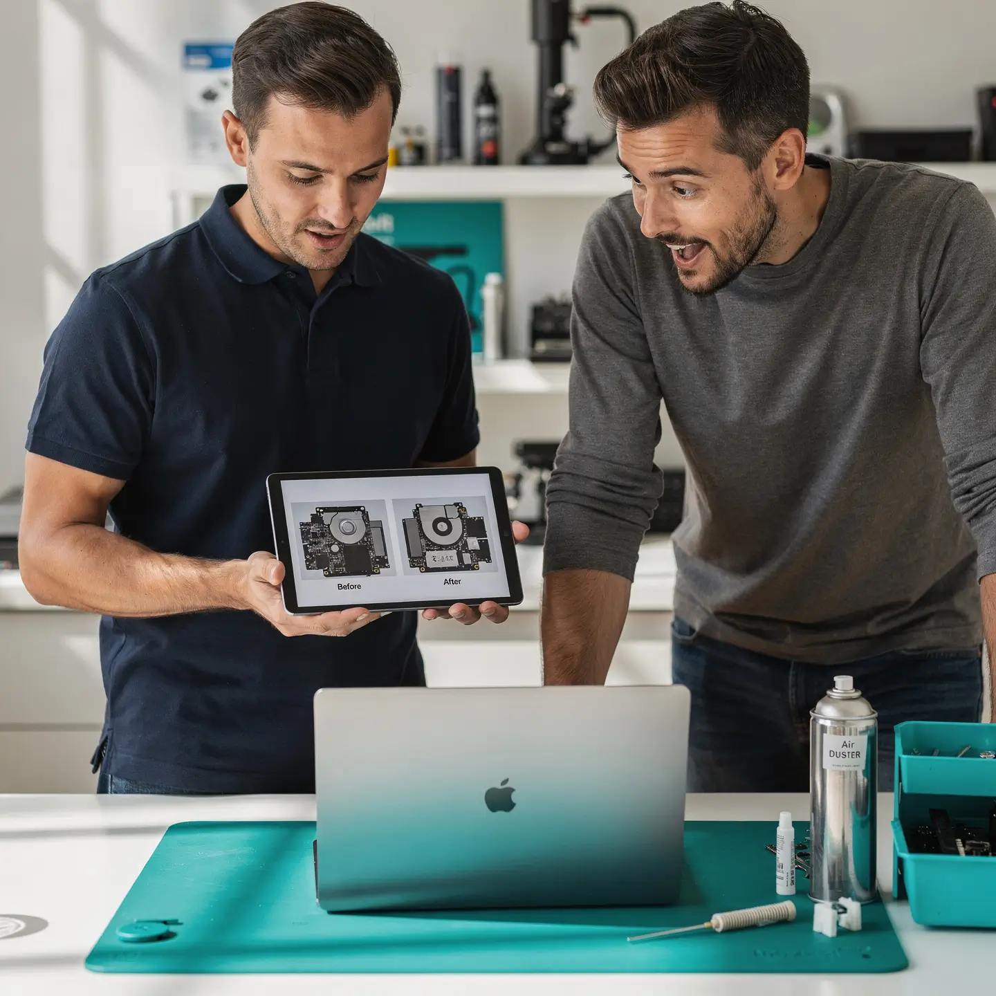 Client satisfait recevant son Mac entretenu dans l'atelier Réparation MAC Bruxelles
