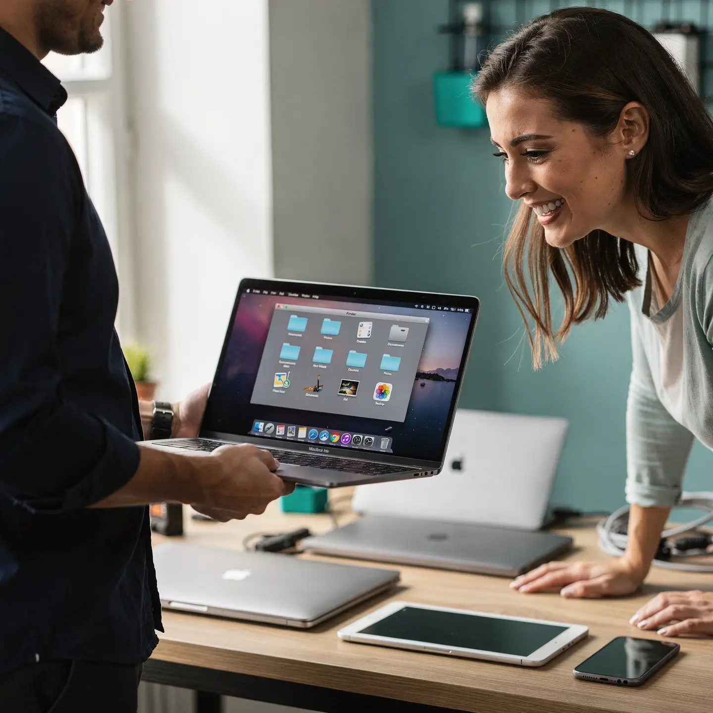 Client recevant son Mac avec macOS installé dans l'atelier Réparation MAC Bruxelles
