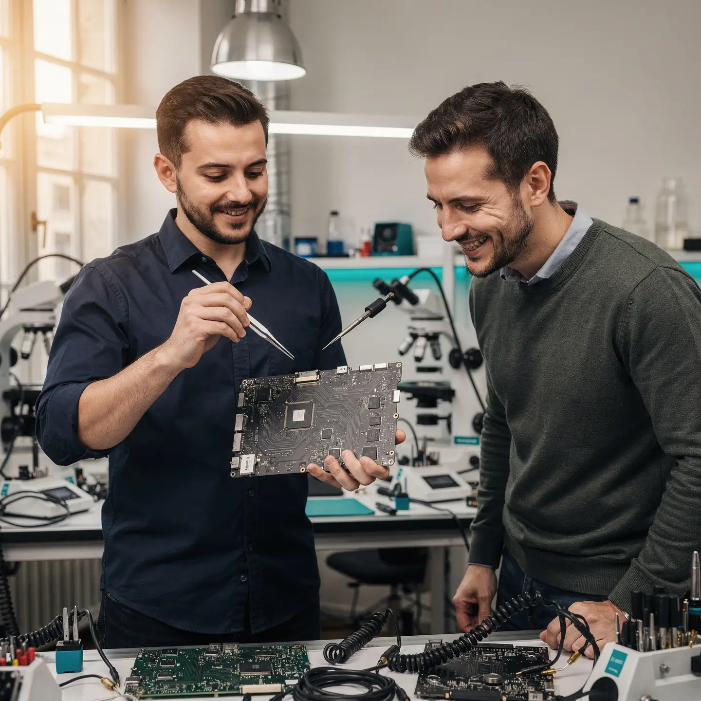 Expert montrant une carte mère MacBook réparée à un client satisfait dans l'atelier Réparation MAC Bruxelles