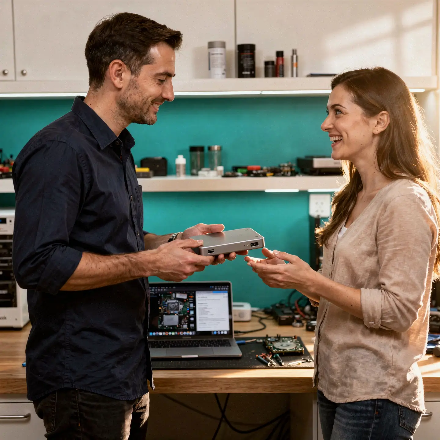 Client soulagé récupérant son disque dur externe avec données sauvées à l'atelier Réparation MAC Bruxelles