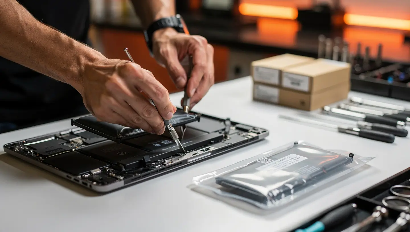 Client récupérant son MacBook avec une batterie neuve à l'atelier Réparation MAC Bruxelles