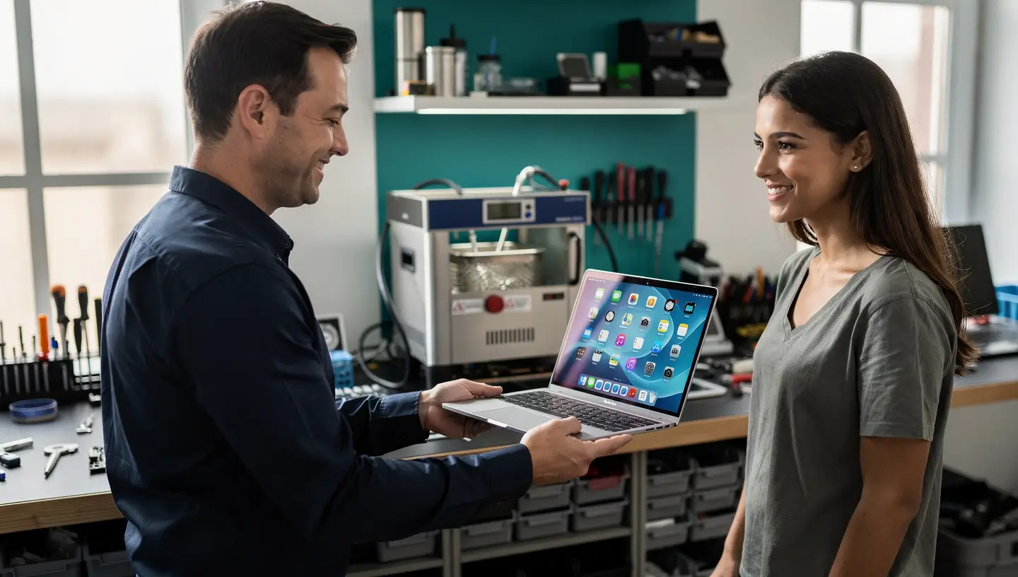 Client récupérant son MacBook réparé après un dégât liquide à l'atelier Réparation MAC Bruxelles