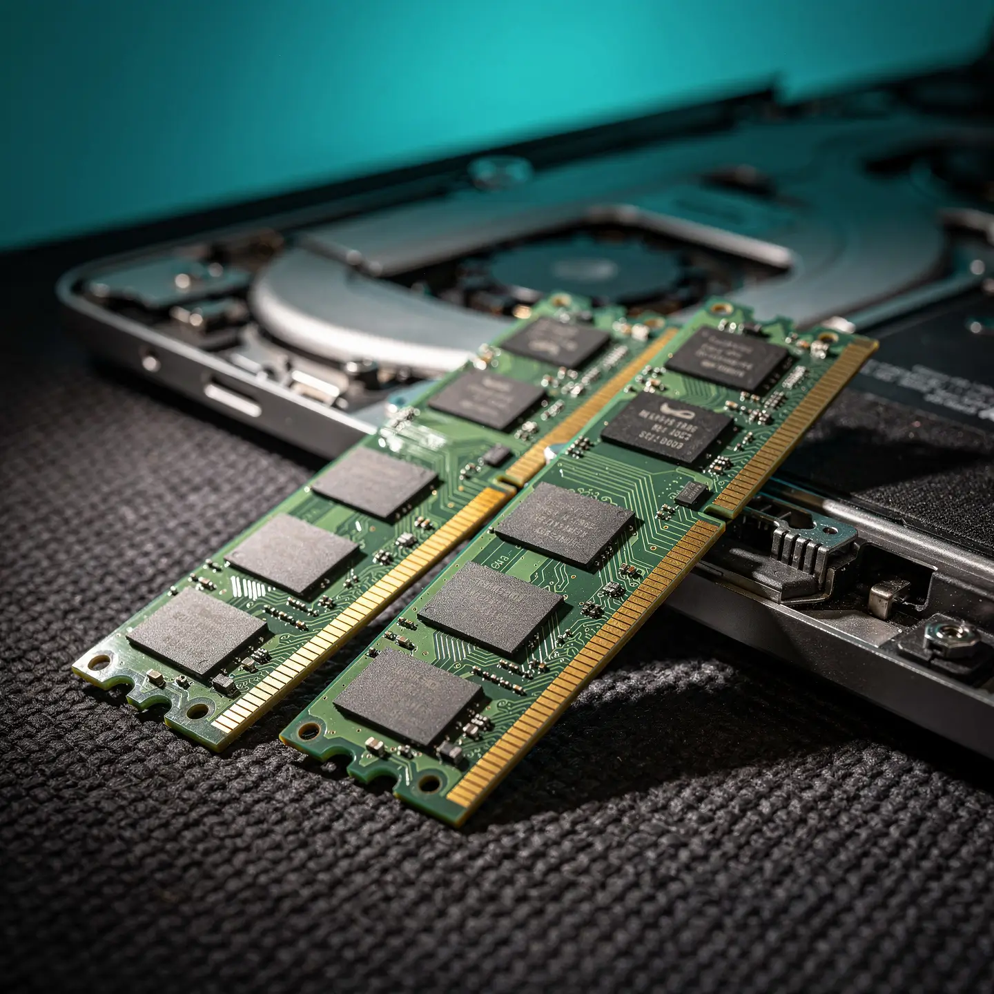 Vue rapprochée de barrettes RAM DDR4 neuves à côté d'un MacBook Pro ouvert