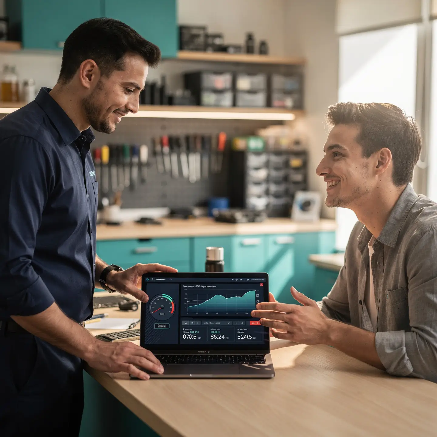 Client récupérant son MacBook boosté après un upgrade SSD à l'atelier Réparation MAC Bruxelles