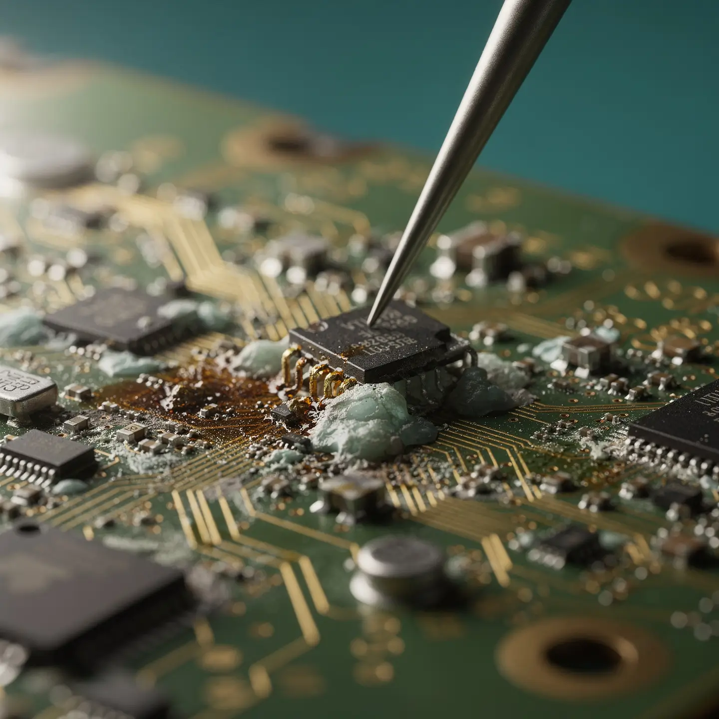 Vue macro d'une carte mère de MacBook avec traces d'oxydation et composants électroniques sous microscope