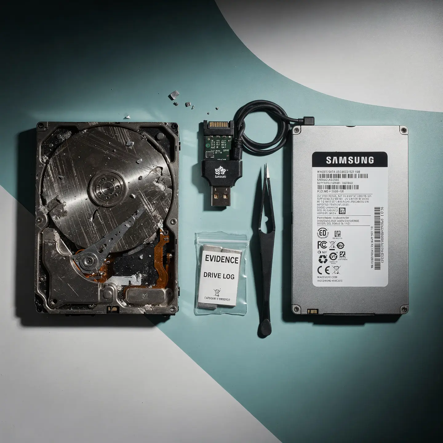 Macro d'un disque dur endommagé retiré d'un MacBook avec outils de récupération professionnels