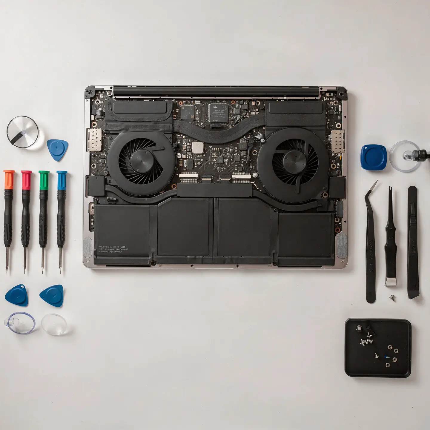 Batterie neuve et ancienne batterie côte à côte sur un plan de travail d'atelier Mac