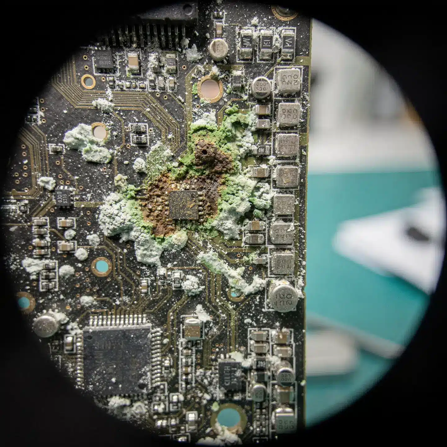 Gros plan au microscope d'une carte mère MacBook montrant des traces d'oxydation et de corrosion après un dégât liquide