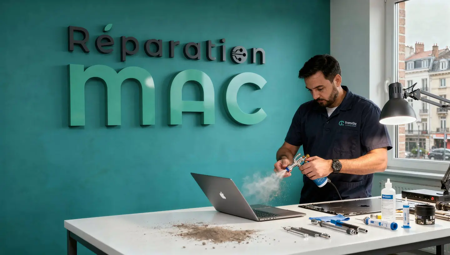 Technicien en chemise bleu foncé effectuant un nettoyage interne sur un MacBook Pro dans un atelier à Bruxelles
