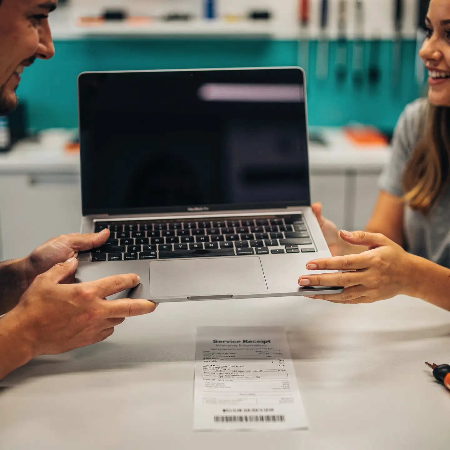 Remise d'un MacBook Pro réparé avec document de garantie à un client satisfait