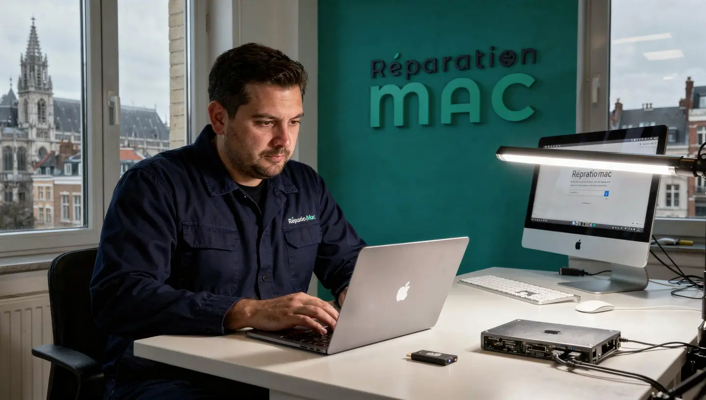 Technicien en chemise bleu foncé installant macOS sur un MacBook Pro dans un atelier à Bruxelles