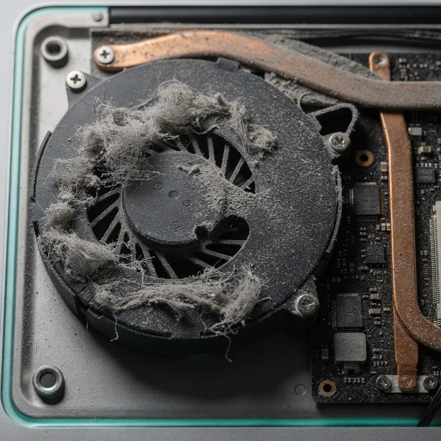Gros plan sur un ventilateur MacBook couvert de poussière avant nettoyage