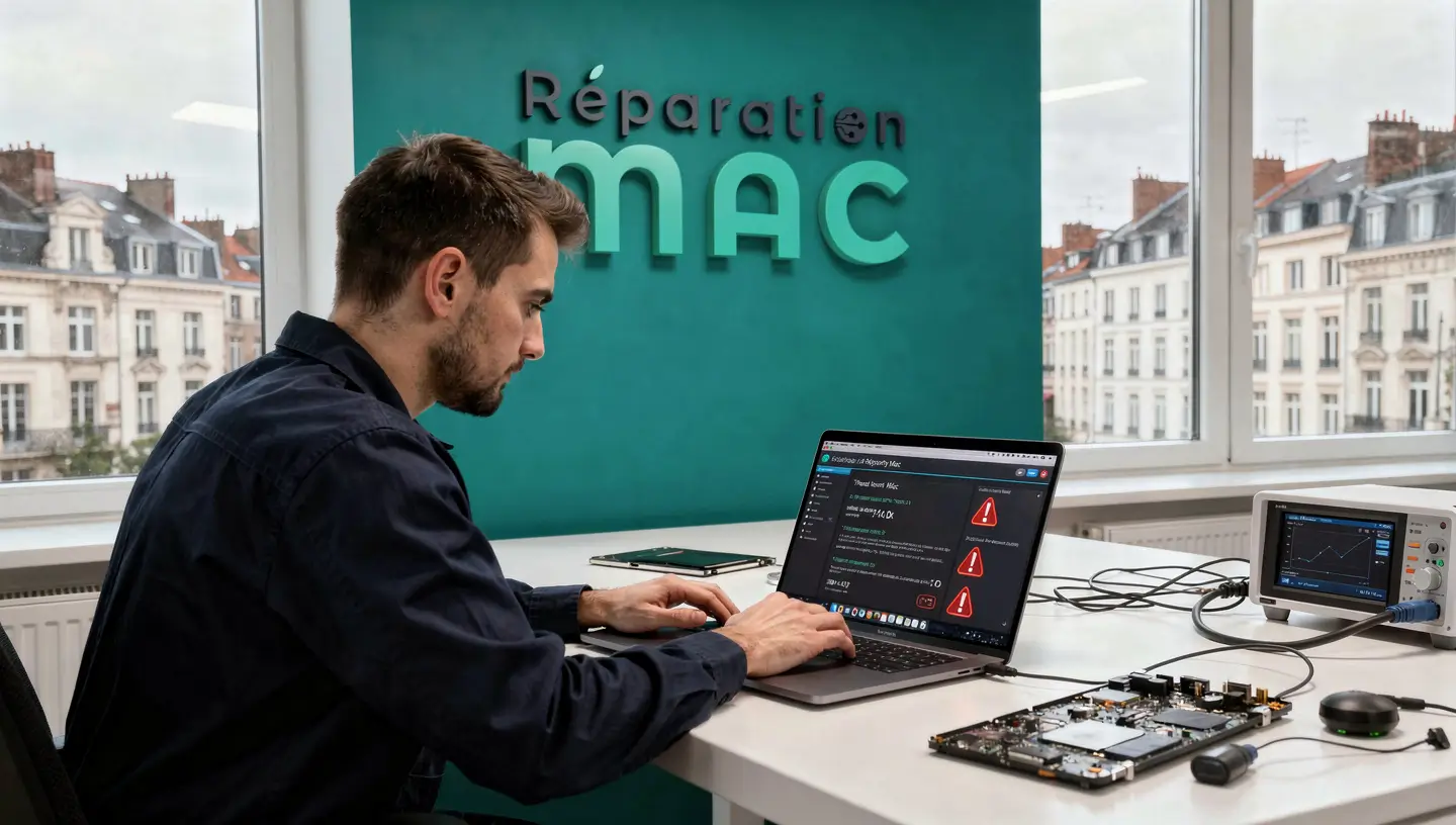 Technicien en chemise bleu foncé analysant un MacBook Pro pour détecter des virus dans un atelier à Bruxelles