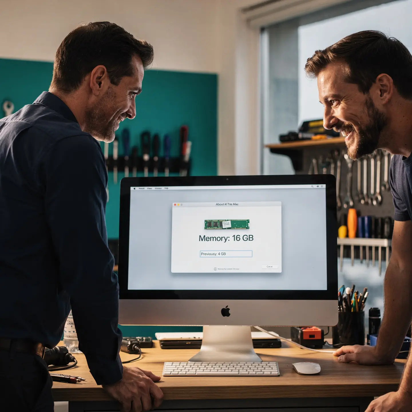 Client recevant son Mac avec upgrade RAM dans l'atelier Réparation MAC Bruxelles