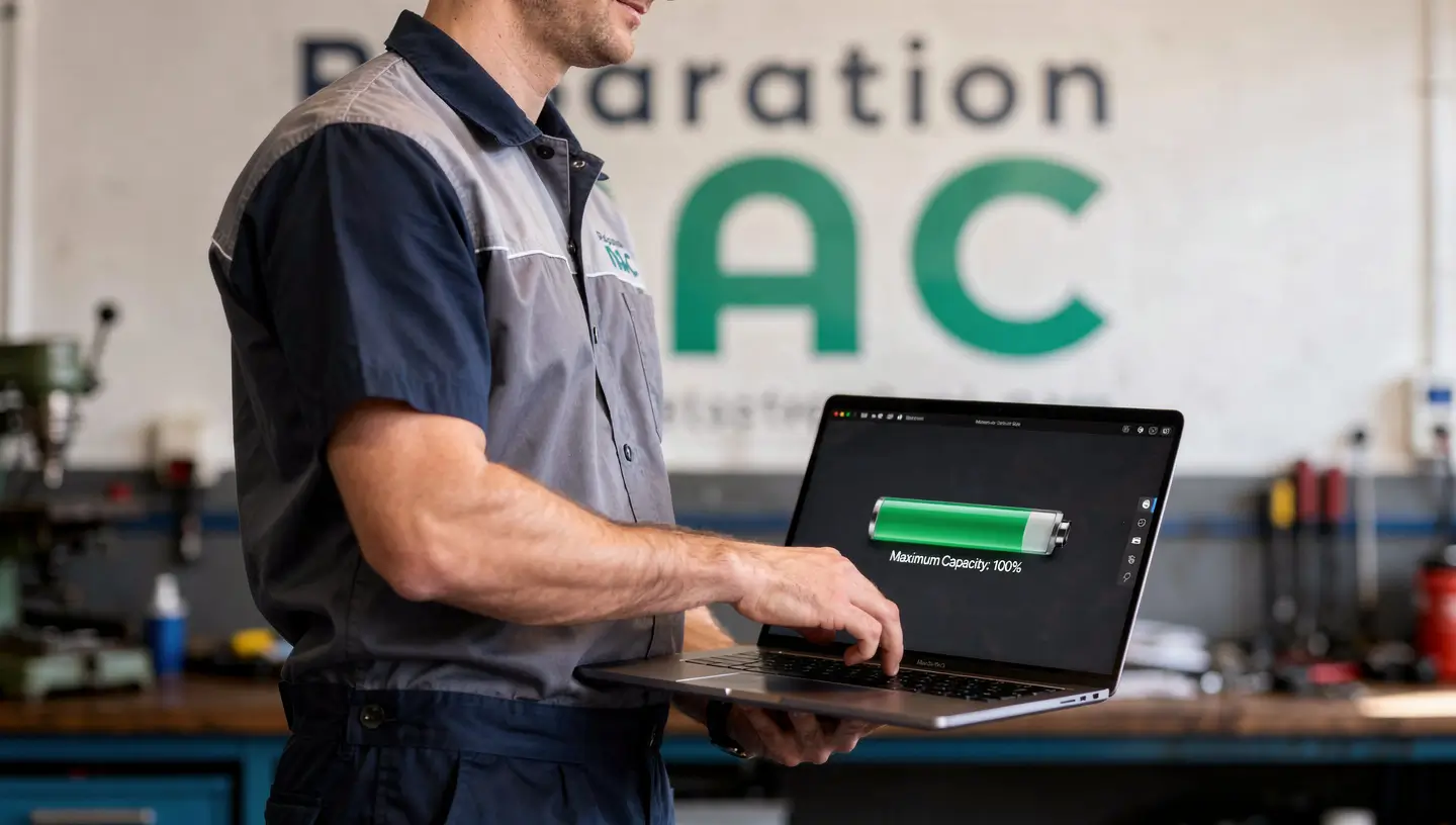 Technicien remplaçant la batterie d'un MacBook Pro dans un atelier de réparation Mac à Bruxelles