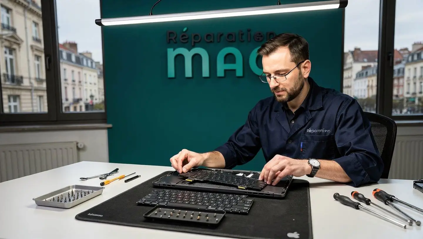 Technicien en chemise bleu foncé remplaçant le clavier d'un MacBook Pro dans un atelier à Bruxelles