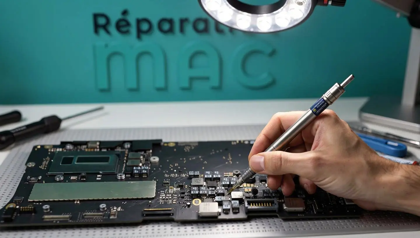 Technicien en chemise bleu foncé réalisant une micro soudure sur une carte mère de MacBook Pro sous microscope dans un atelier à Bruxelles