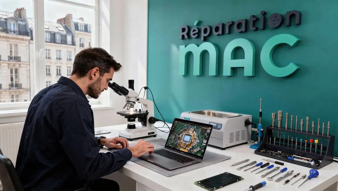 Technicien en chemise bleu foncé nettoyant une carte mère de MacBook endommagée par un liquide dans un atelier de réparation Mac à Bruxelles