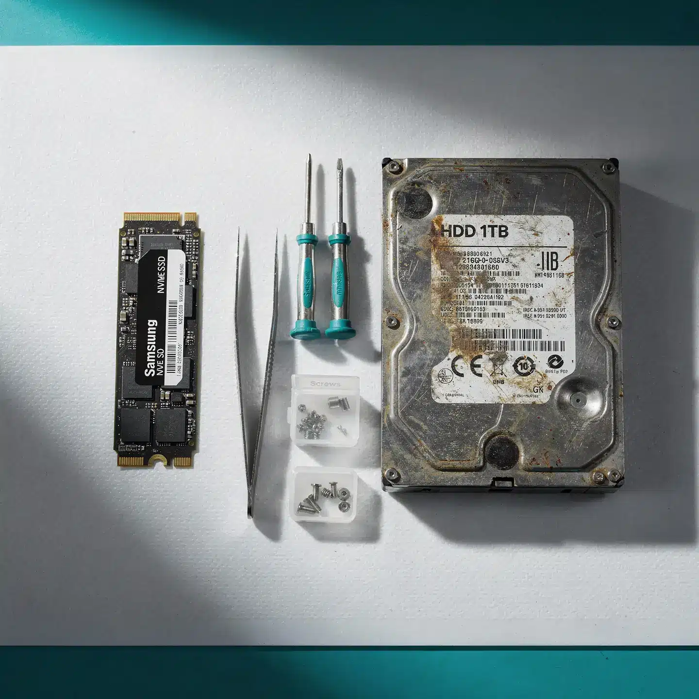 SSD NVMe Samsung neuf à côté d'un ancien disque dur HDD retiré d'un MacBook Pro sur un plan de travail