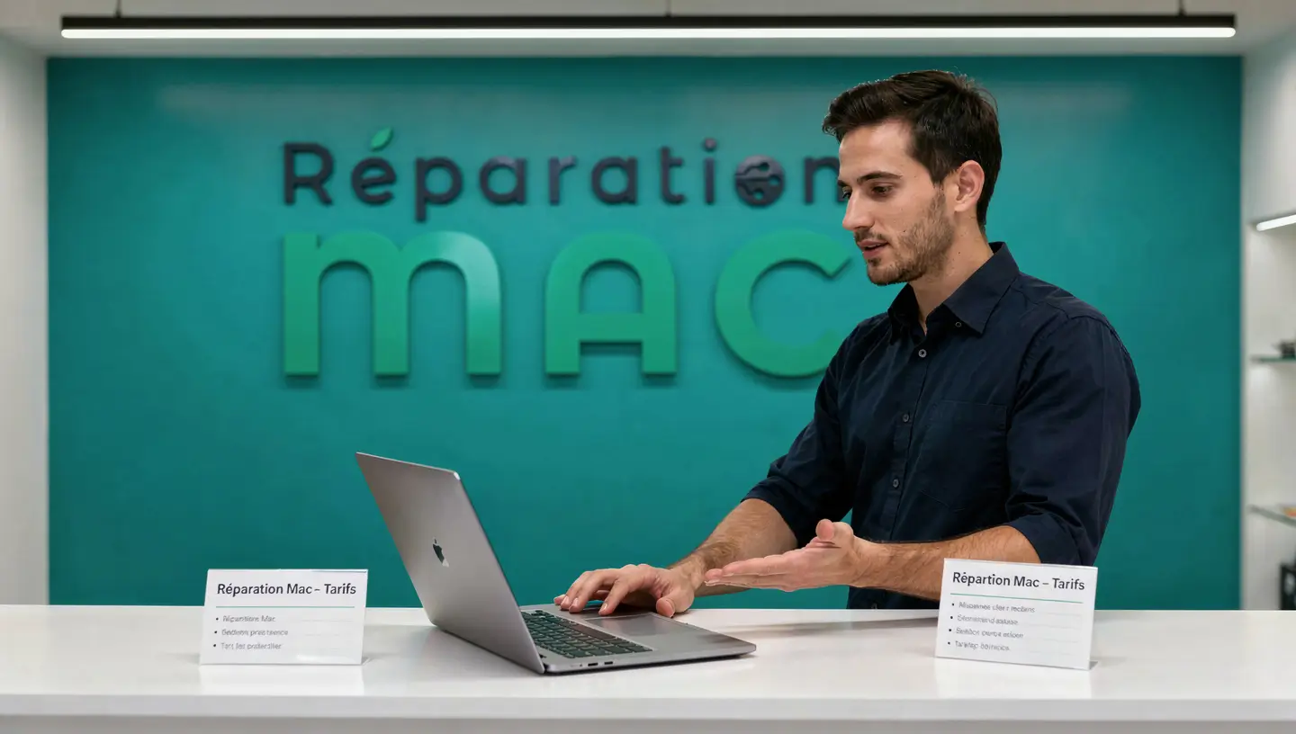 Technicien présentant les tarifs de réparation Mac dans son atelier à Bruxelles