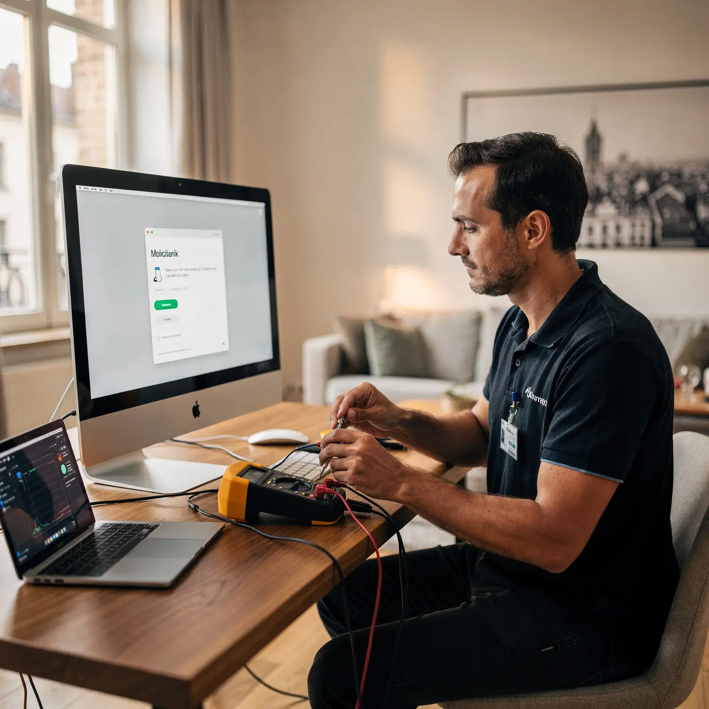 Technicien effectuant un diagnostic gratuit sur Mac à domicile du client