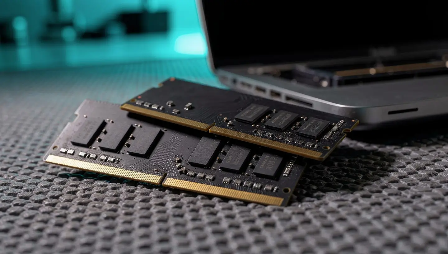 Technicien en chemise bleu foncé installant des barrettes RAM dans un iMac dans un atelier à Bruxelles