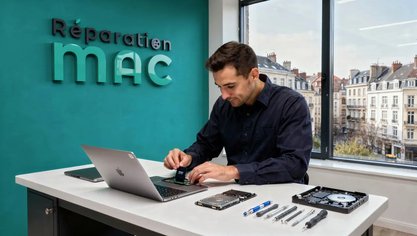 Technicien en chemise bleu foncé installant un SSD dans un MacBook Pro dans un atelier de réparation Mac à Bruxelles