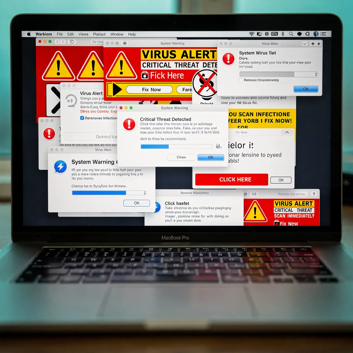 Écran MacBook affichant des alertes de virus et publicités intrusives nécessitant un nettoyage