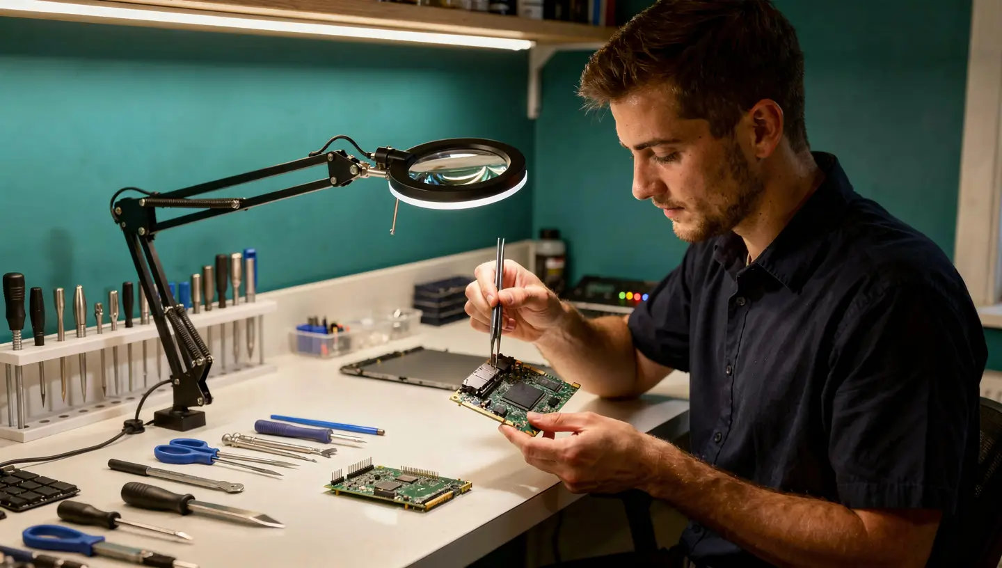 Technicien Réparation MAC à Bruxelles travaillant sur une carte mère dans son atelier
