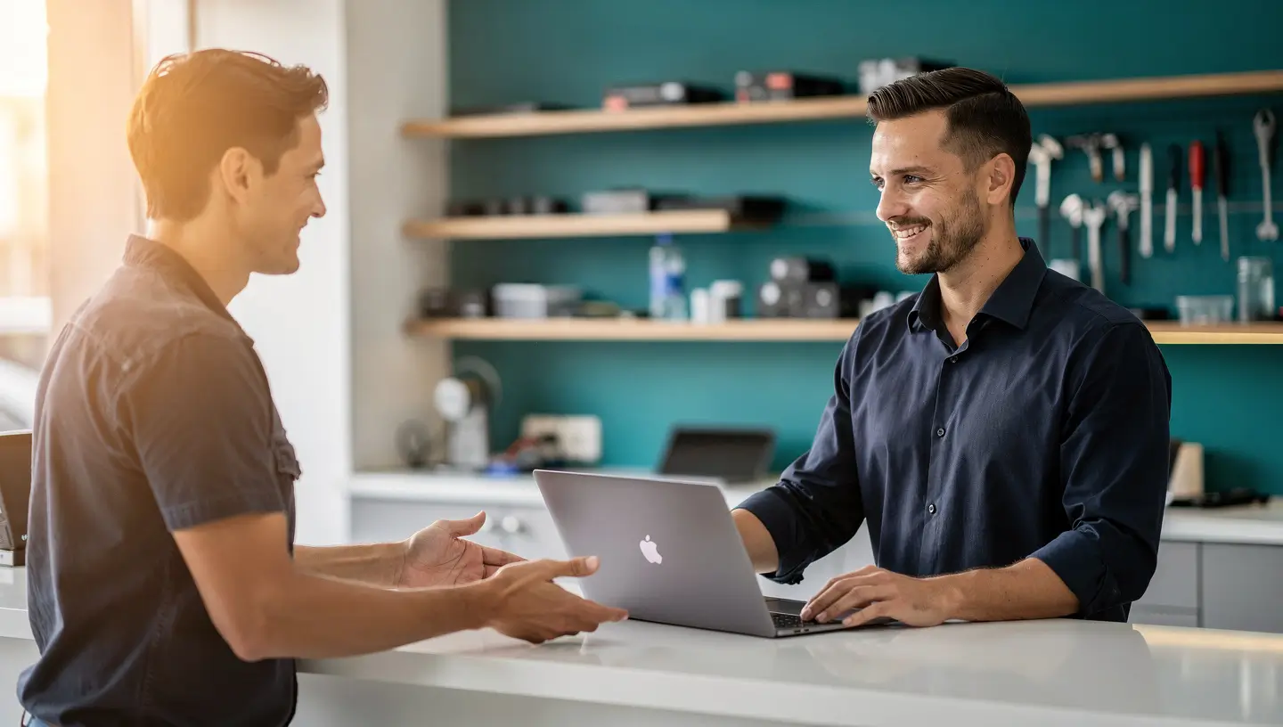 Client satisfait récupérant son Mac réparé à l'atelier Réparation MAC Bruxelles