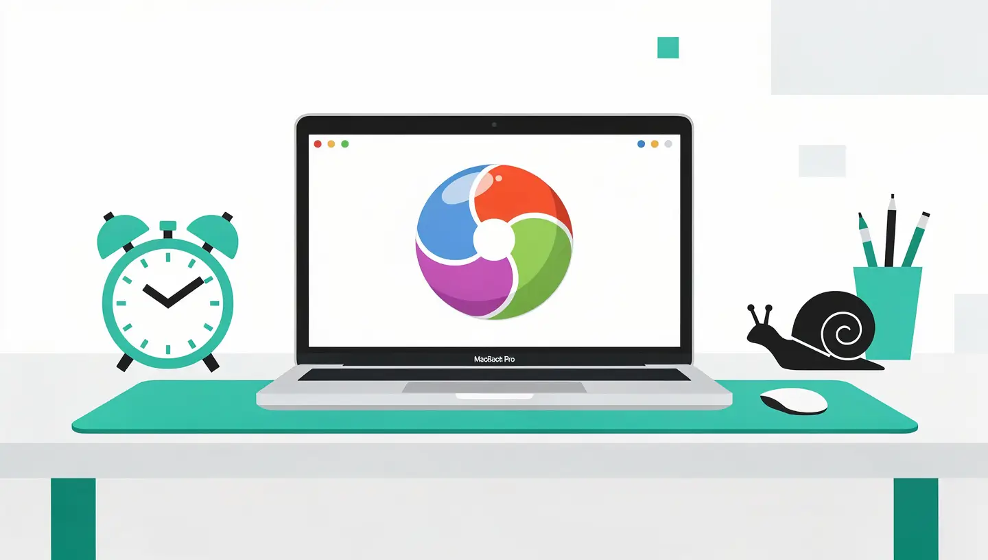 Mac lent avec roue multicolore sur l'écran d'un MacBook Pro posé sur un bureau