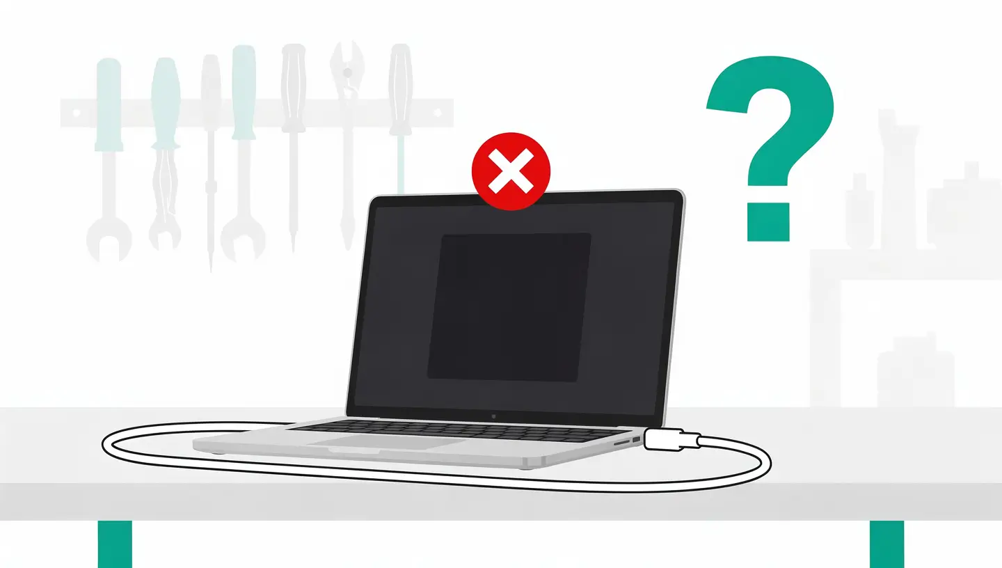 MacBook Pro posé sur un bureau, écran éteint, avec un câble de charge branché