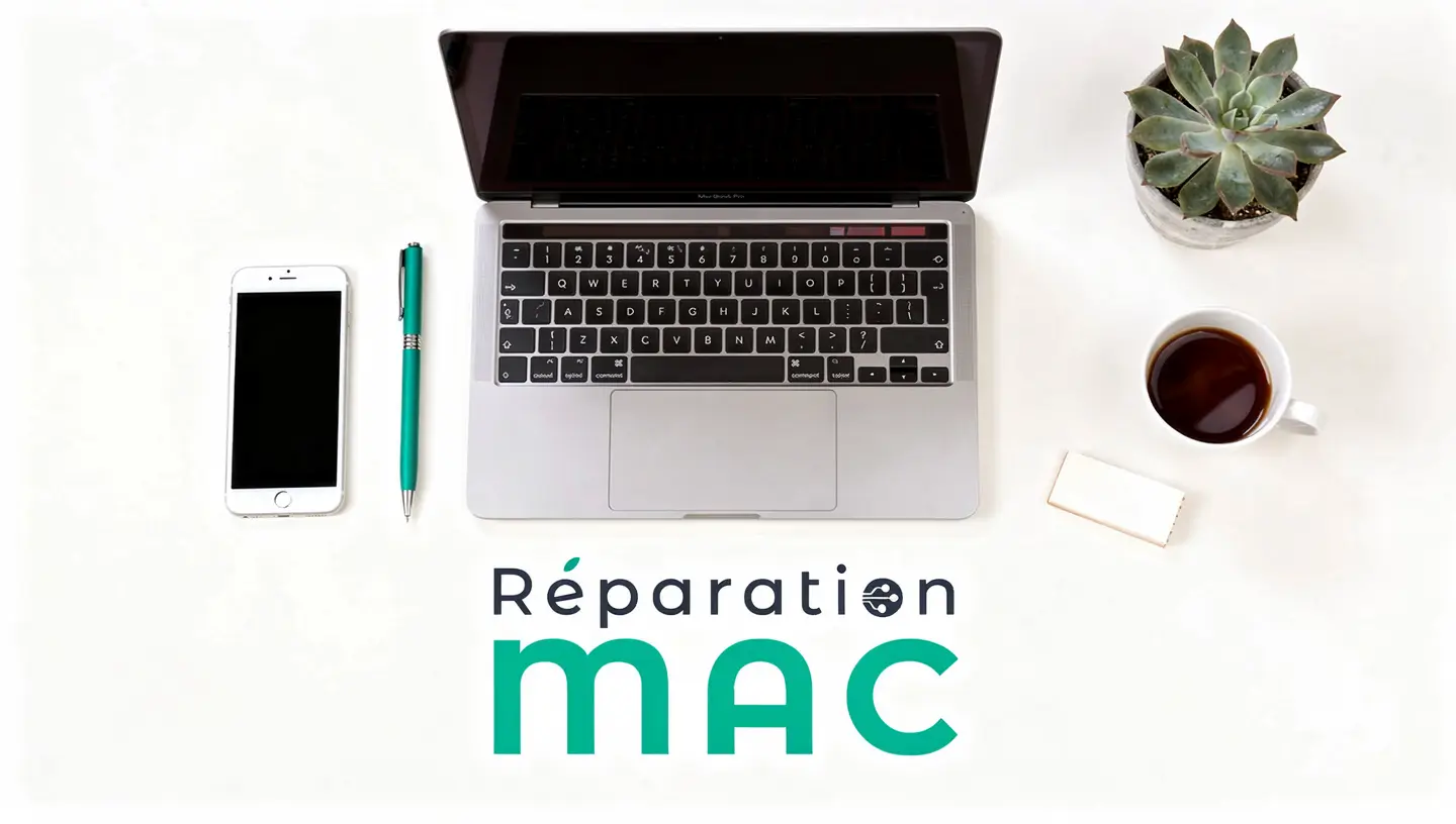 Bureau avec MacBook Pro affichant un calendrier de rendez-vous pour la réparation Mac