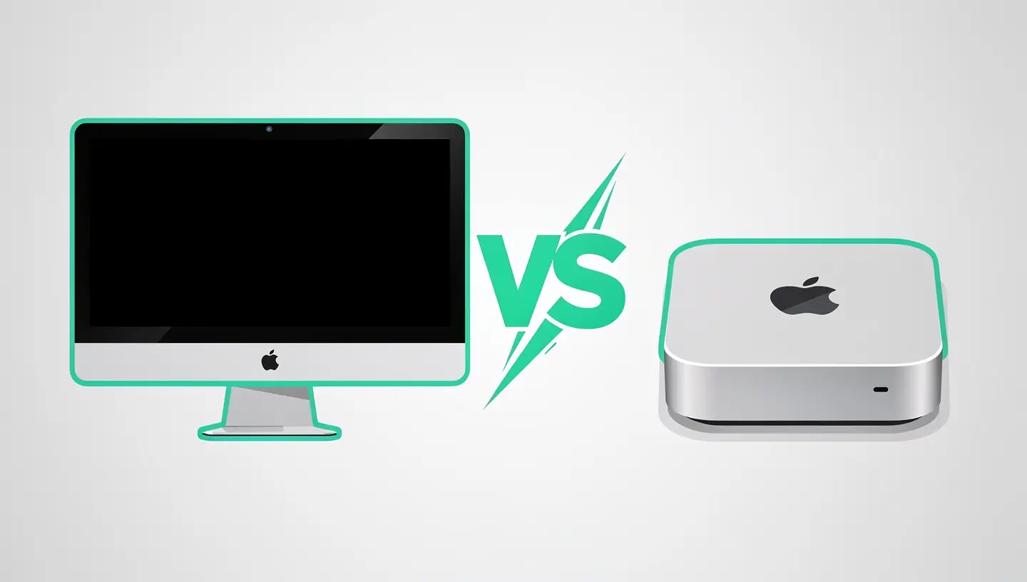iMac vs Mac mini en 2026 : lequel choisir ? 1 Illustration comparative entre un iMac tout-en-un et un Mac mini compact pour choisir son ordinateur Apple