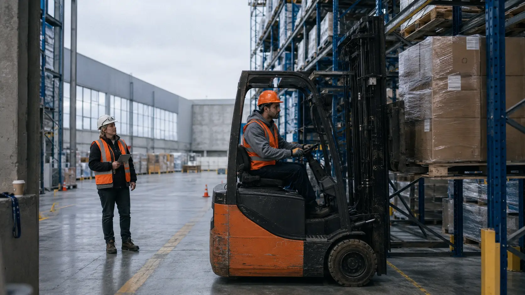 Formation cariste pour demandeurs d'emploi à Bruxelles, apprenant sur chariot élévateur frontal