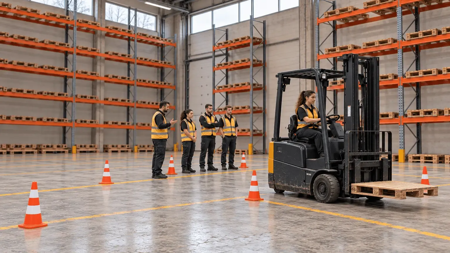 Formation chariot élévateur à Bruxelles : slalom entre les cônes sous le regard du formateur et de trois stagiaires